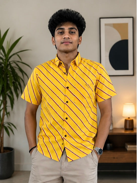Men's Mustard Yellow Diagonal Striped Cotton Casual Shirt
