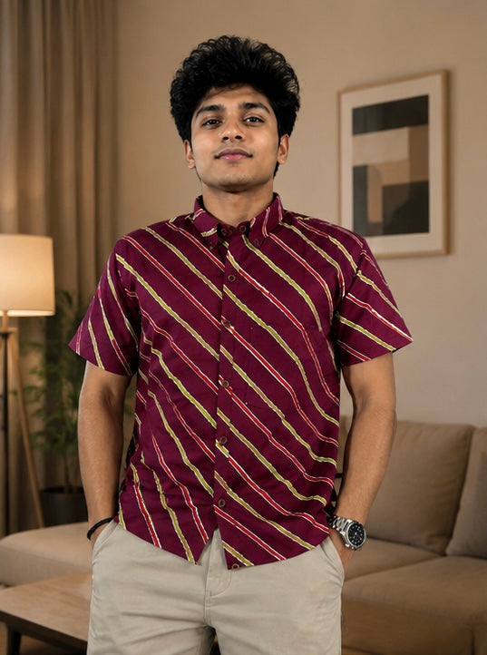 Men's Wine Diagonal Striped Cotton Casual Shirt