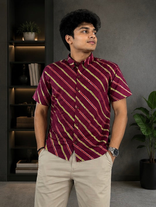 Men's Wine Diagonal Striped Cotton Casual Shirt
