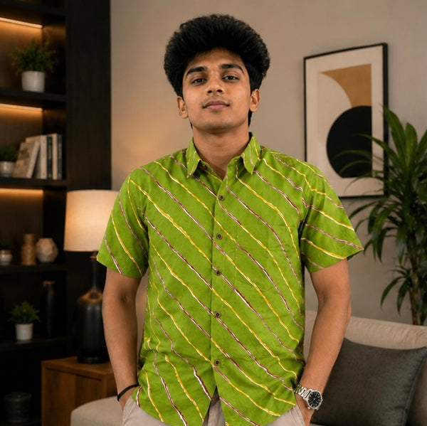 Men's Olive Green Diagonal Striped Cotton Casual Shirt