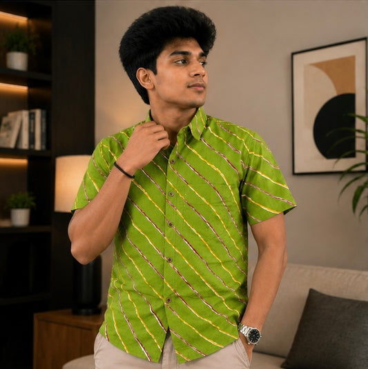 Men's Olive Green Diagonal Striped Cotton Casual Shirt