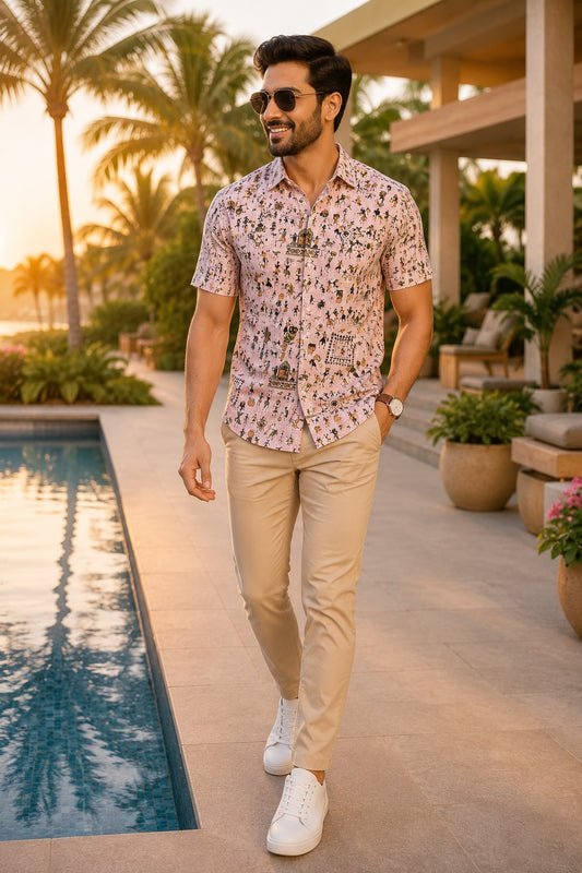 Men's Pink Traditional Folk Art Print Casual Shirt