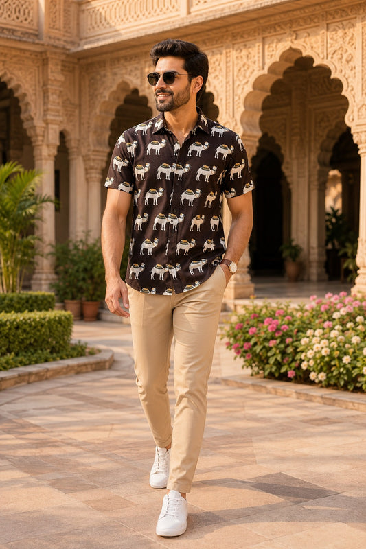 Men's Brown Camel Print Short Sleeve Casual Shirt