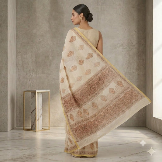Off-White & Rust Brown Medallion Motif Kota Doria Saree