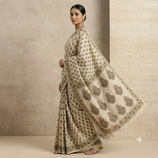 Cream & Olive-Green Paisley Printed Kota Doriya Saree