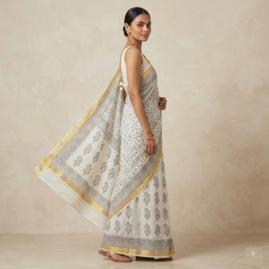 Handcrafted Off-White Kota Doria Block-Printed Saree