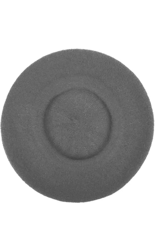 Dark grey beret hat with a small stem on top, viewed from various angles.