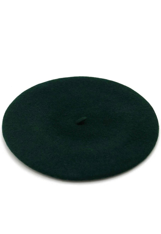 Dark green felt beret with a small stem on top, viewed from multiple angles on a white background.
