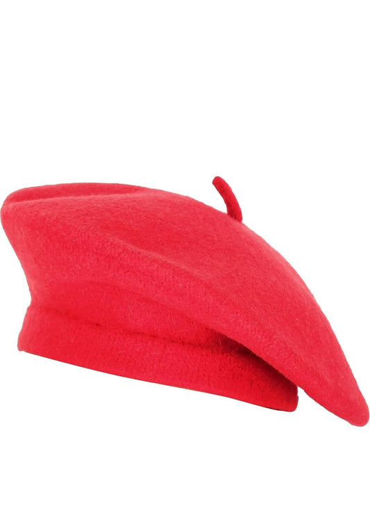 Bright red beret hat with a small stem on top, shown from multiple angles