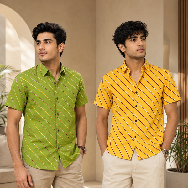 Men's Cotton Diagonal Striped Shirts Combo Pack of 2 - Olive Green and Mustard Yellow