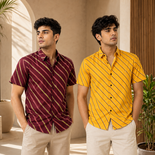 Men's Cotton Diagonal Striped Shirts Combo Pack of 2 - Wine and Mustard Yellow
