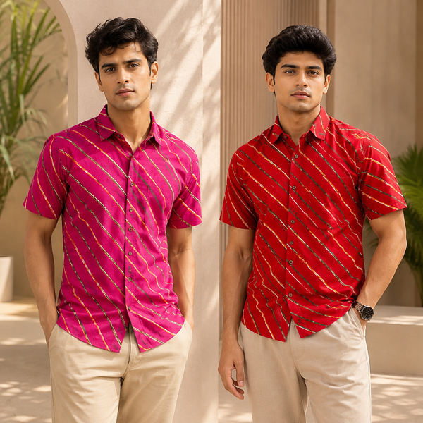 Men's Cotton Diagonal Striped Shirts Combo Pack of 2 - Magenta Pink and Crimson Red