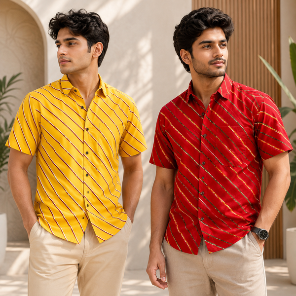 Men's Cotton Diagonal Striped Shirts Combo Pack of 2 - Mustard Yellow and Crimson Red