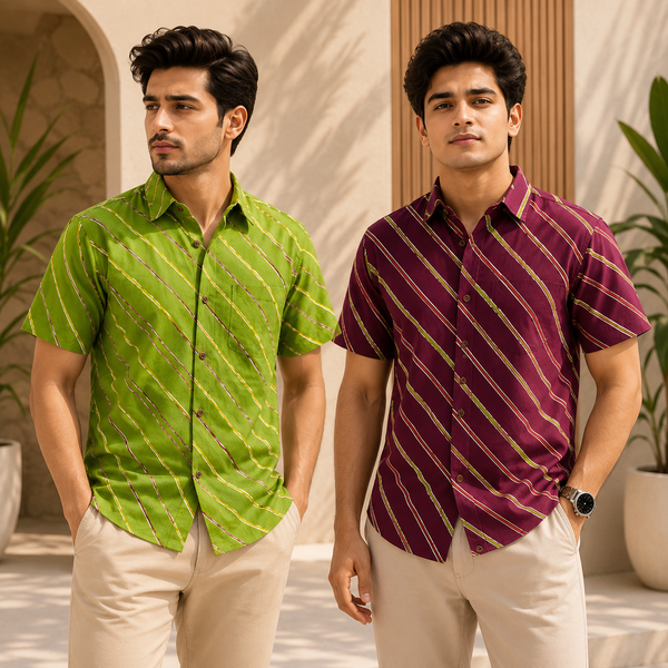 Men's Cotton Diagonal Striped Shirts Combo Pack of 2 - Olive Green and Wine