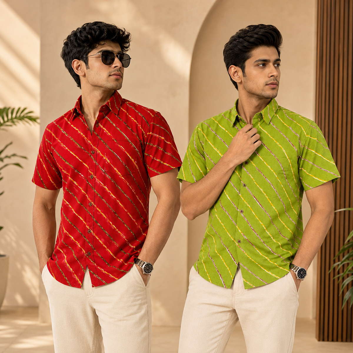 Men's Cotton Diagonal Striped Shirts Combo Pack of 2 - Olive Green and Crimson Red