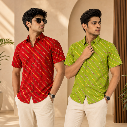 Men's Cotton Diagonal Striped Shirts Combo Pack of 2 - Olive Green and Crimson Red