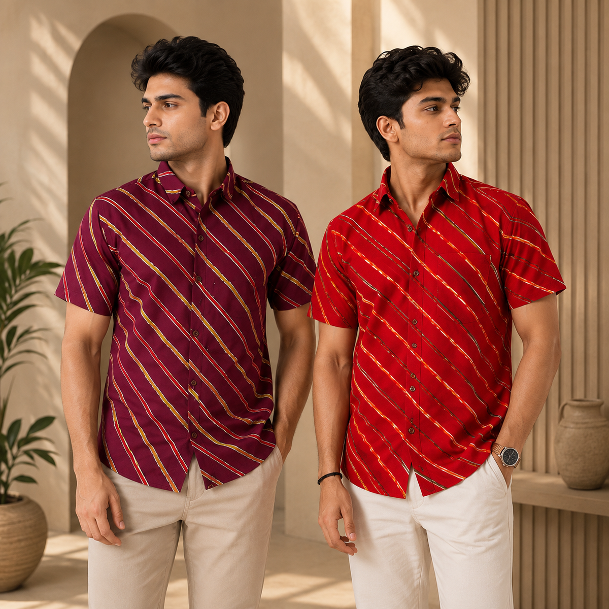 Men's Cotton Diagonal Striped Shirts Combo Pack of 2 - Wine and Crimson Red