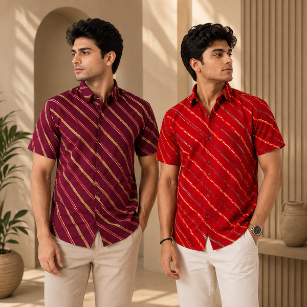 Men's Cotton Diagonal Striped Shirts Combo Pack of 2 - Wine and Crimson Red