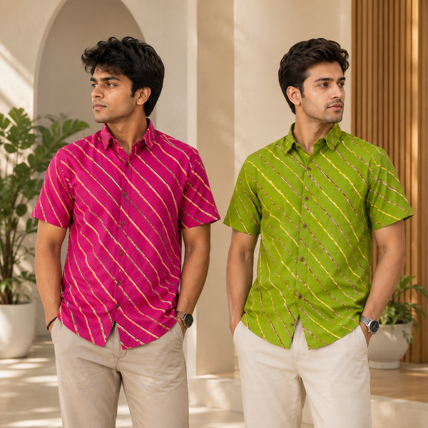Men's Cotton Diagonal Striped Shirts Combo Pack of 2 - Magenta Pink and Olive Green