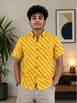 Men's Mustard Yellow Diagonal Striped Cotton Casual Shirt