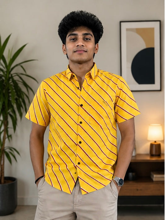 Men's Mustard Yellow Diagonal Striped Cotton Casual Shirt