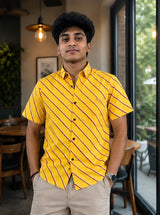 Men's Mustard Yellow Diagonal Striped Cotton Casual Shirt