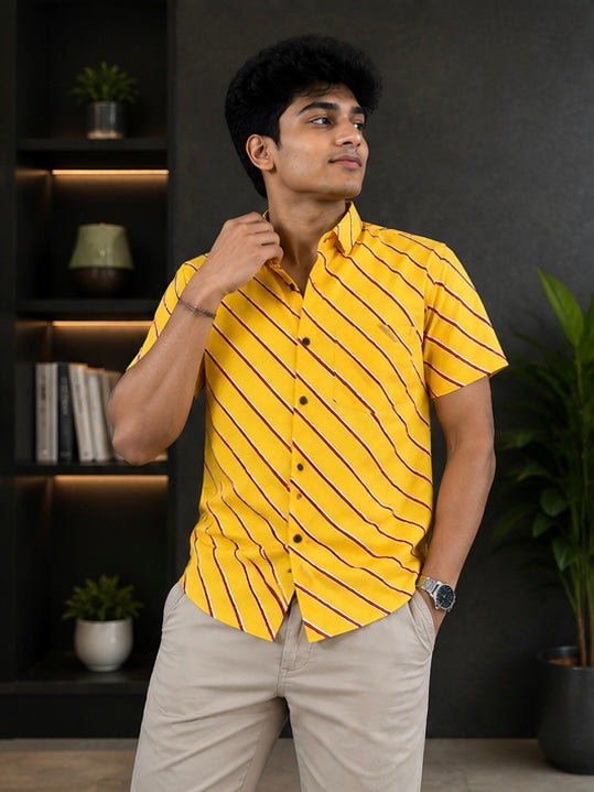 Men's Mustard Yellow Diagonal Striped Cotton Casual Shirt
