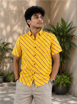 Men's Mustard Yellow Diagonal Striped Cotton Casual Shirt