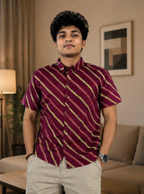 Men's Wine Diagonal Striped Cotton Casual Shirt