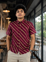 Men's Wine Diagonal Striped Cotton Casual Shirt