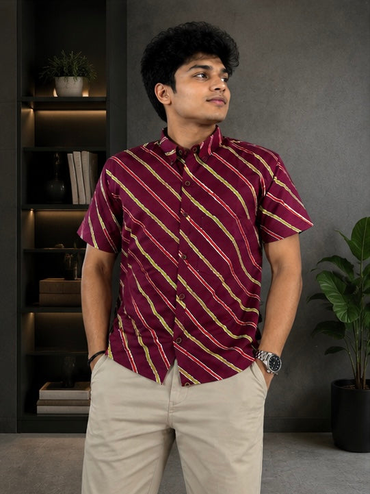 Men's Wine Diagonal Striped Cotton Casual Shirt