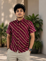 Men's Wine Diagonal Striped Cotton Casual Shirt