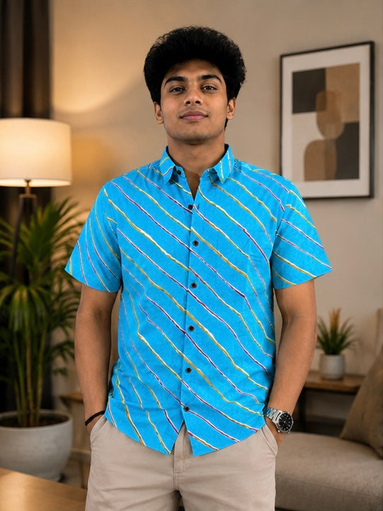Men's Sky Blue Diagonal Striped Cotton Casual Shirt
