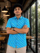 Men's Sky Blue Diagonal Striped Cotton Casual Shirt