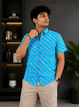 Men's Sky Blue Diagonal Striped Cotton Casual Shirt
