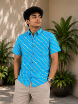 Men's Sky Blue Diagonal Striped Cotton Casual Shirt