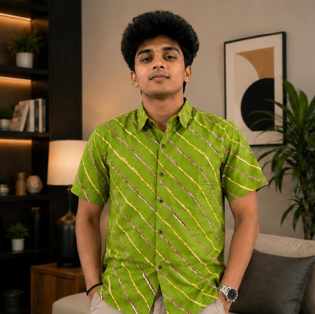 Men's Olive Green Diagonal Striped Cotton Casual Shirt