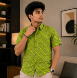 Men's Olive Green Diagonal Striped Cotton Casual Shirt