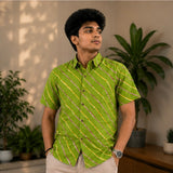 Men's Olive Green Diagonal Striped Cotton Casual Shirt