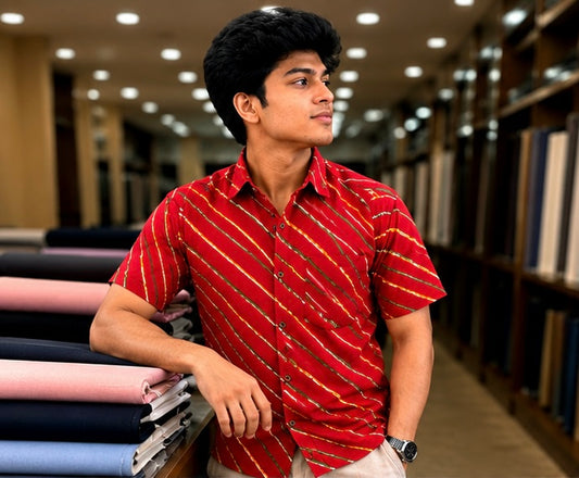 Men's Vibrant Crimson Red Diagonal Striped Cotton Casual Shirt