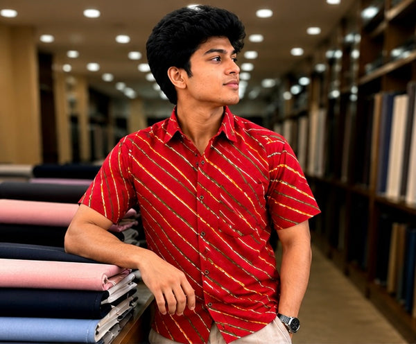 Men's Vibrant Crimson Red Diagonal Striped Cotton Casual Shirt