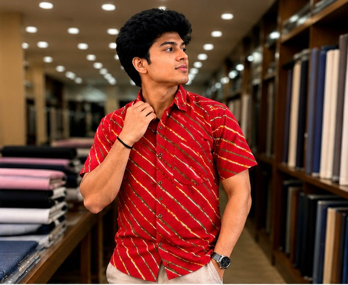 Men's Vibrant Crimson Red Diagonal Striped Cotton Casual Shirt