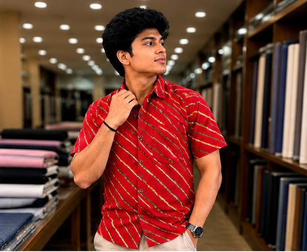 Men's Vibrant Crimson Red Diagonal Striped Cotton Casual Shirt