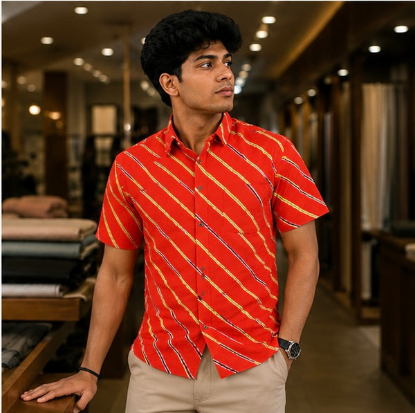 Men's Burnt Orange Diagonal Striped Cotton Casual Shirt