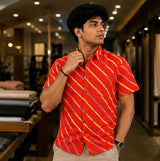 Men's Burnt Orange Diagonal Striped Cotton Casual Shirt