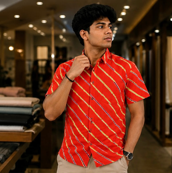 Men's Burnt Orange Diagonal Striped Cotton Casual Shirt