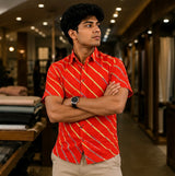 Men's Burnt Orange Diagonal Striped Cotton Casual Shirt