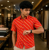 Men's Burnt Orange Diagonal Striped Cotton Casual Shirt