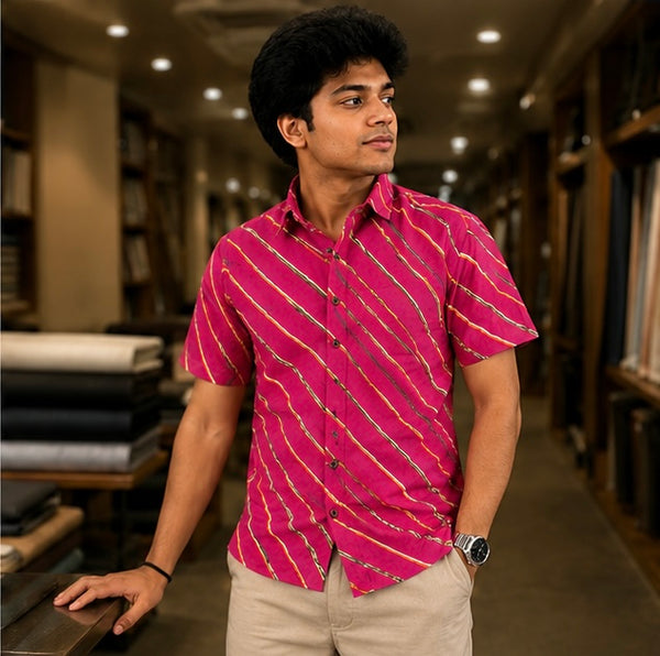 Men's Magenta Pink Diagonal Striped Cotton Casual Shirt