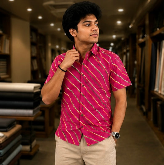 Men's Magenta Pink Diagonal Striped Cotton Casual Shirt